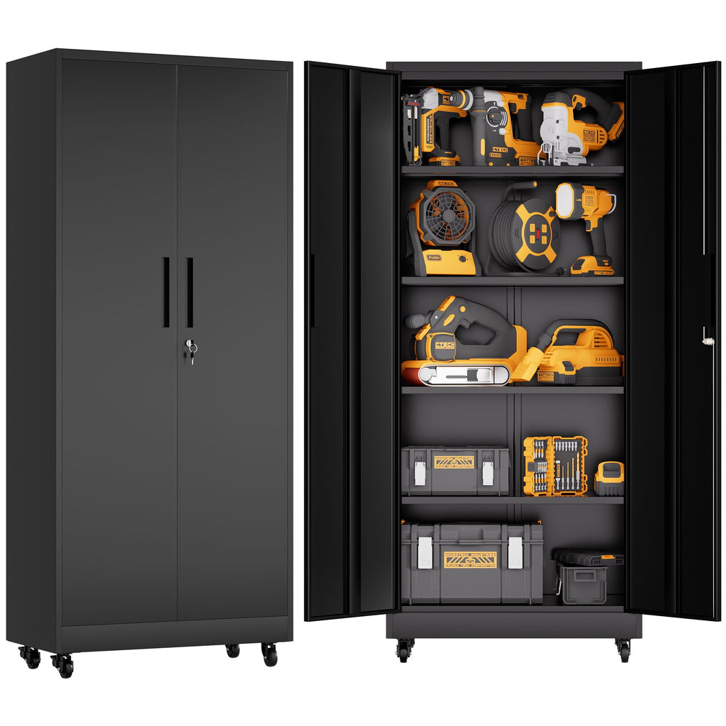 Heavy Duty Rolling Cabinet With Lock, Garage Storage Cabinet, 4 Adjustable Shelves For Tool Organization