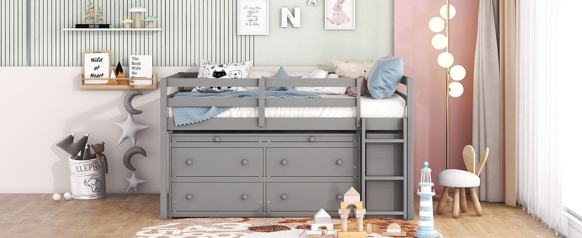 Loft Bed With Retractable Writing Desk And 4 Drawers, With Lateral Portable Desk And Shelves