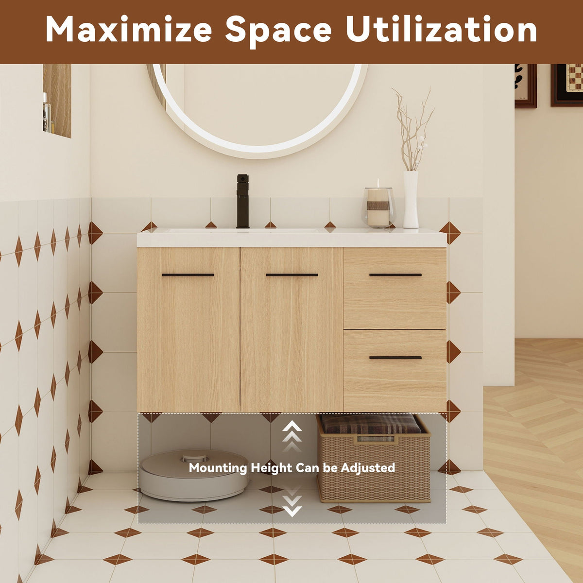 Wall Mounted Floating Bathroom Vanity With Sink, Door & Drawers Modular Cabinet
