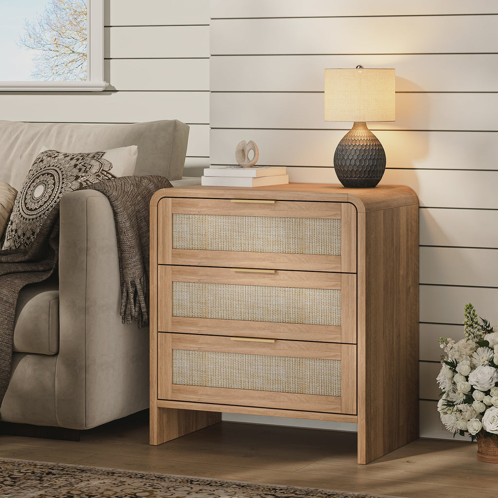 Rattan Nightstand Set of 2 with 3 Drawers in Caramel Oak