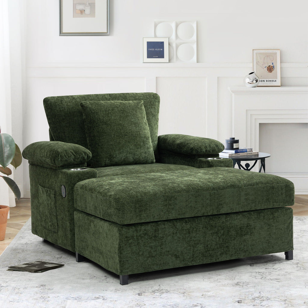 Fabric Sofa Bed With Cupholders And USB Charging Ports Chair For Living Room