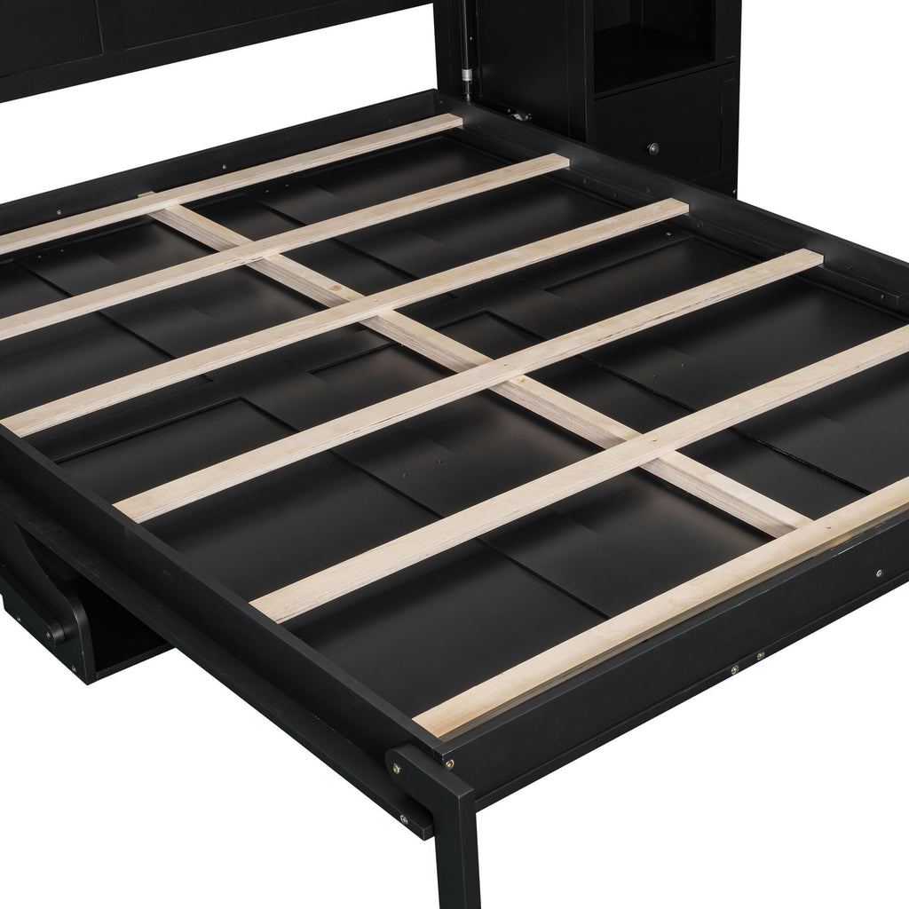 French Style Murphy Platform Bed With Shelf, Side Cabinets, Drawers And LED