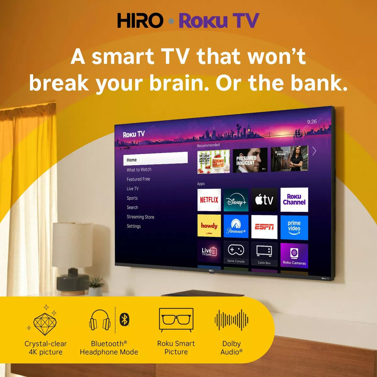 Hiro 4K HDR Smart TV Flat Screen LED Television with Roku TV and Dolby Audio Streaming