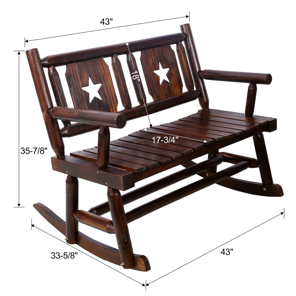 Rustic Outdoor Wood Rocking Bench Double Rocking Chair For 2 Persons With Curved Seat, Porch Rocker - Brown