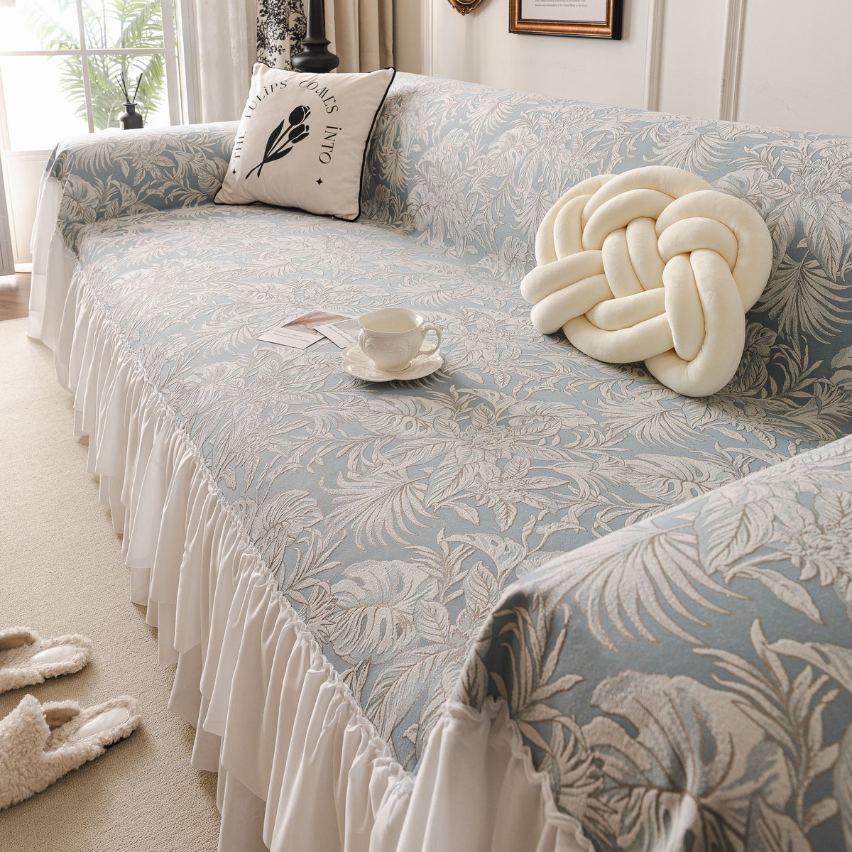 French Chic Style Ruffle Floral Cover Throws for Sofas, Decorative Couch Covers