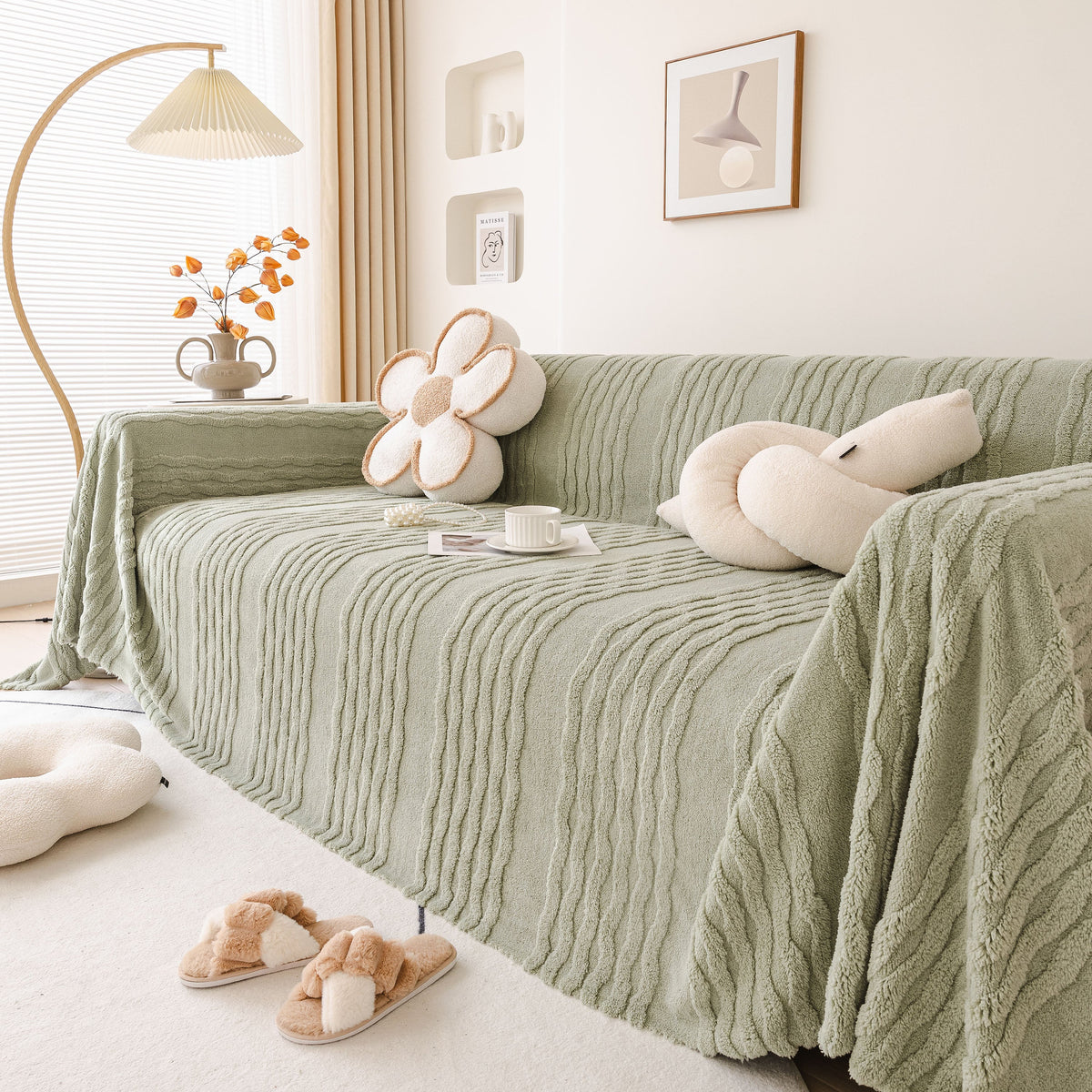 Modern 3D Water Ripple Sofa Cover, Non-Shedding Cream Style Furniture Protector Throw
