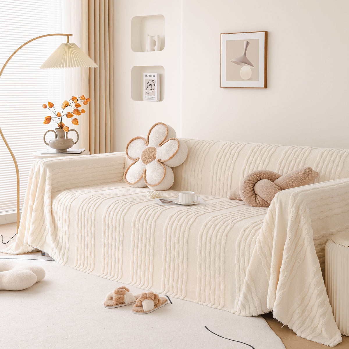 Modern 3D Water Ripple Sofa Cover, Non-Shedding Cream Style Furniture Protector Throw