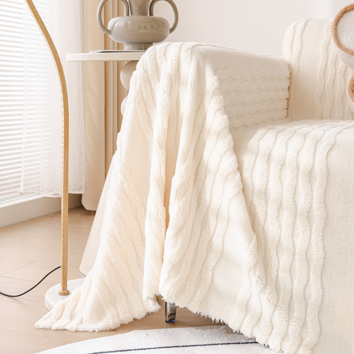 Modern 3D Water Ripple Sofa Cover, Non-Shedding Cream Style Furniture Protector Throw