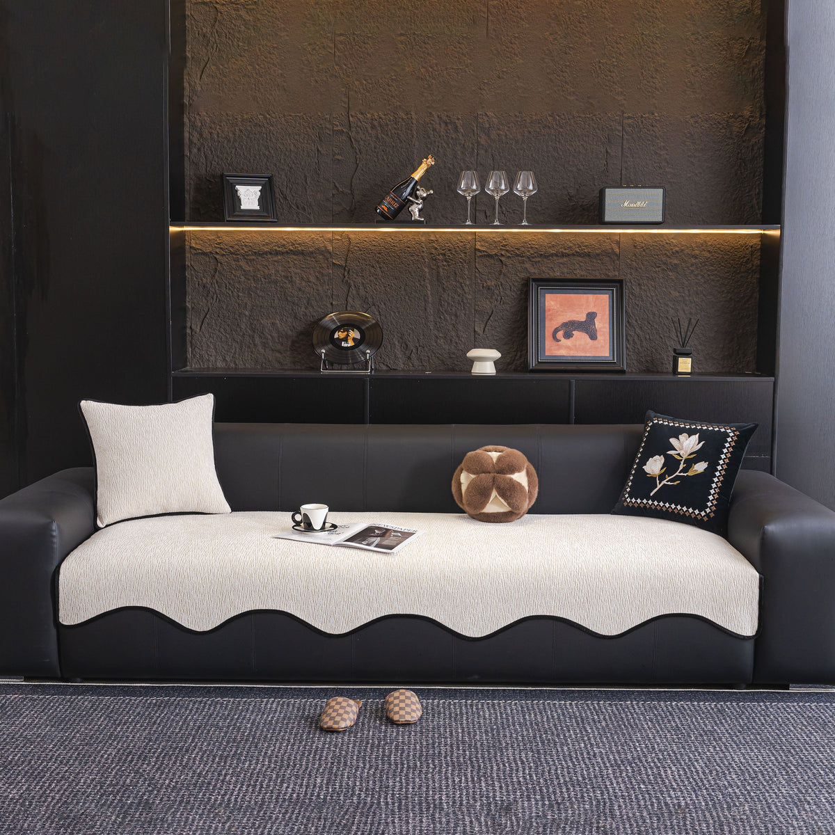 Chenille Couch Cover with Scalloped Edge, Non-Slip Modular Slipcover Sectional