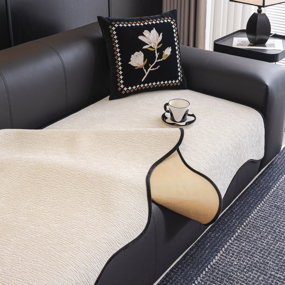 Chenille Couch Cover with Scalloped Edge, Non-Slip Modular Slipcover Sectional