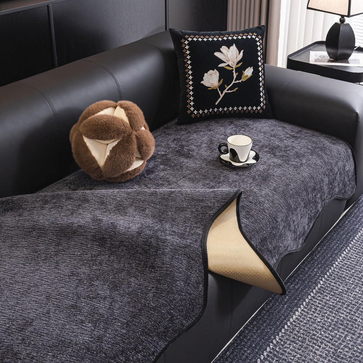 Chenille Couch Cover with Scalloped Edge, Non-Slip Modular Slipcover Sectional