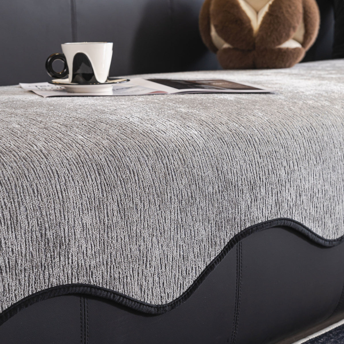 Chenille Couch Cover with Scalloped Edge, Non-Slip Modular Slipcover Sectional
