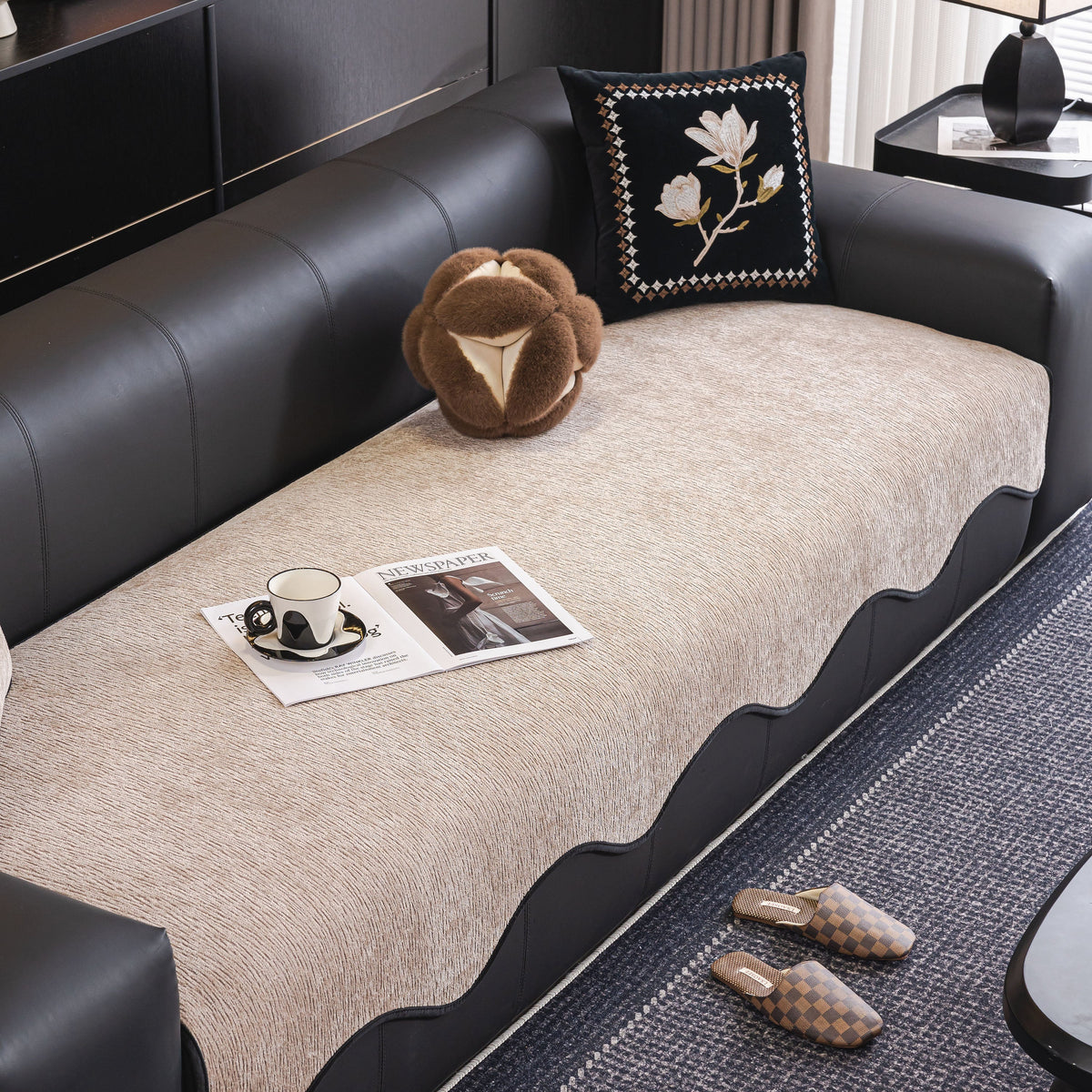 Chenille Couch Cover with Scalloped Edge, Non-Slip Modular Slipcover Sectional