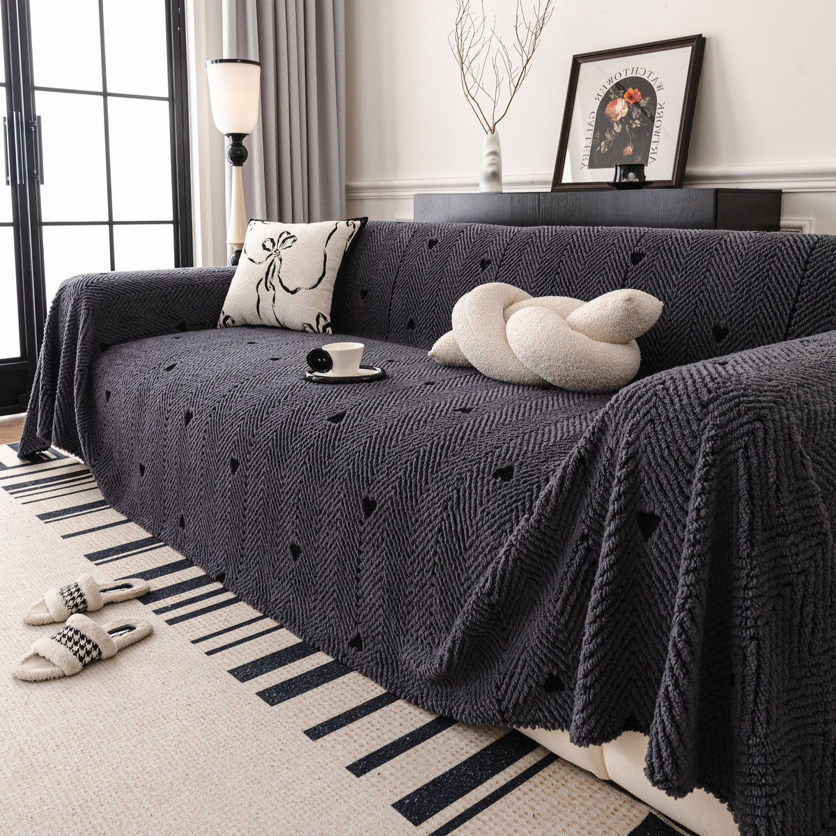 Thick Plush Sofa Cover Throw for Couch, 3D Textured Herringbone Washable Slipcover