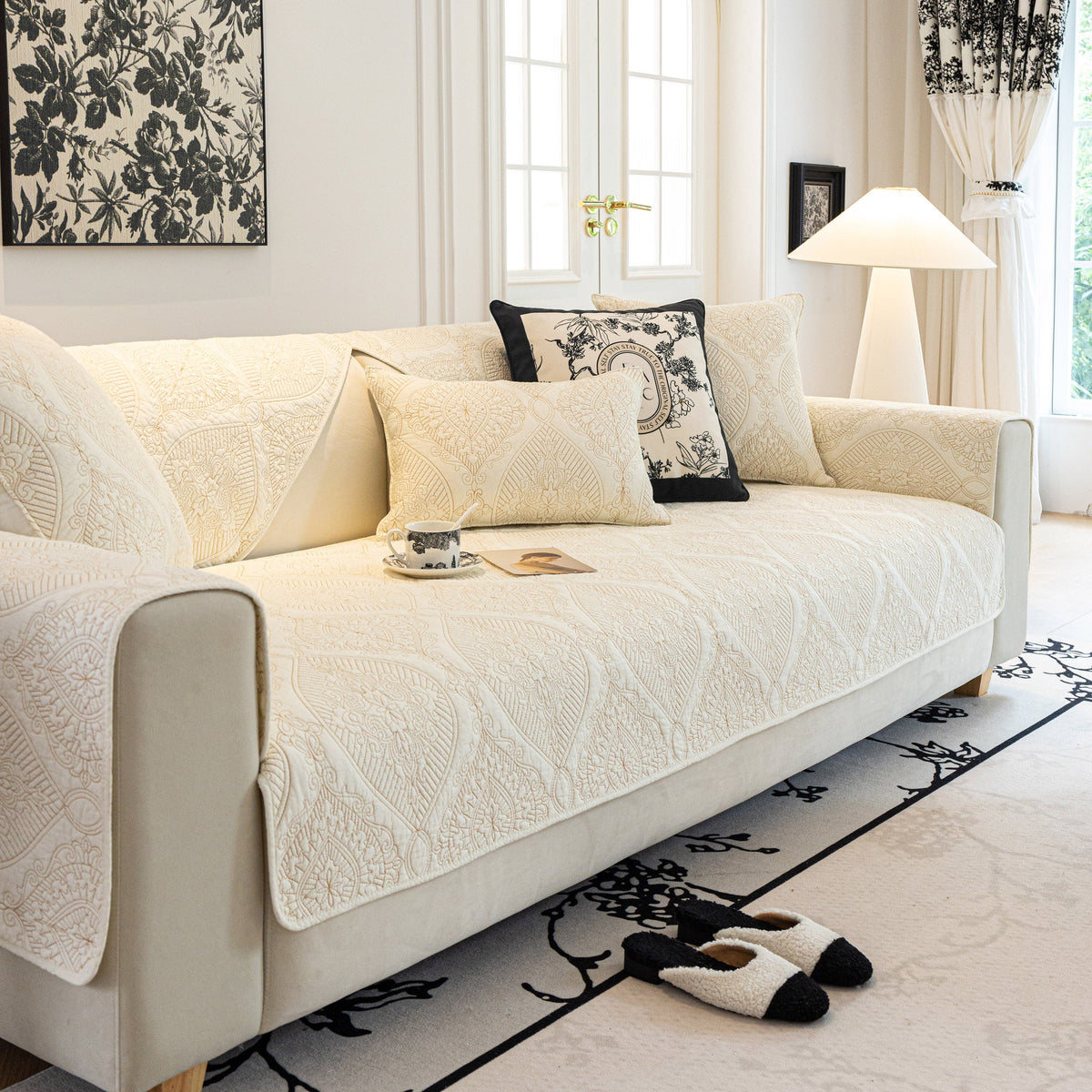Baroque Sofa Cover – Quilted Cotton, Non-Slip, Washable with Ornate Embroidery