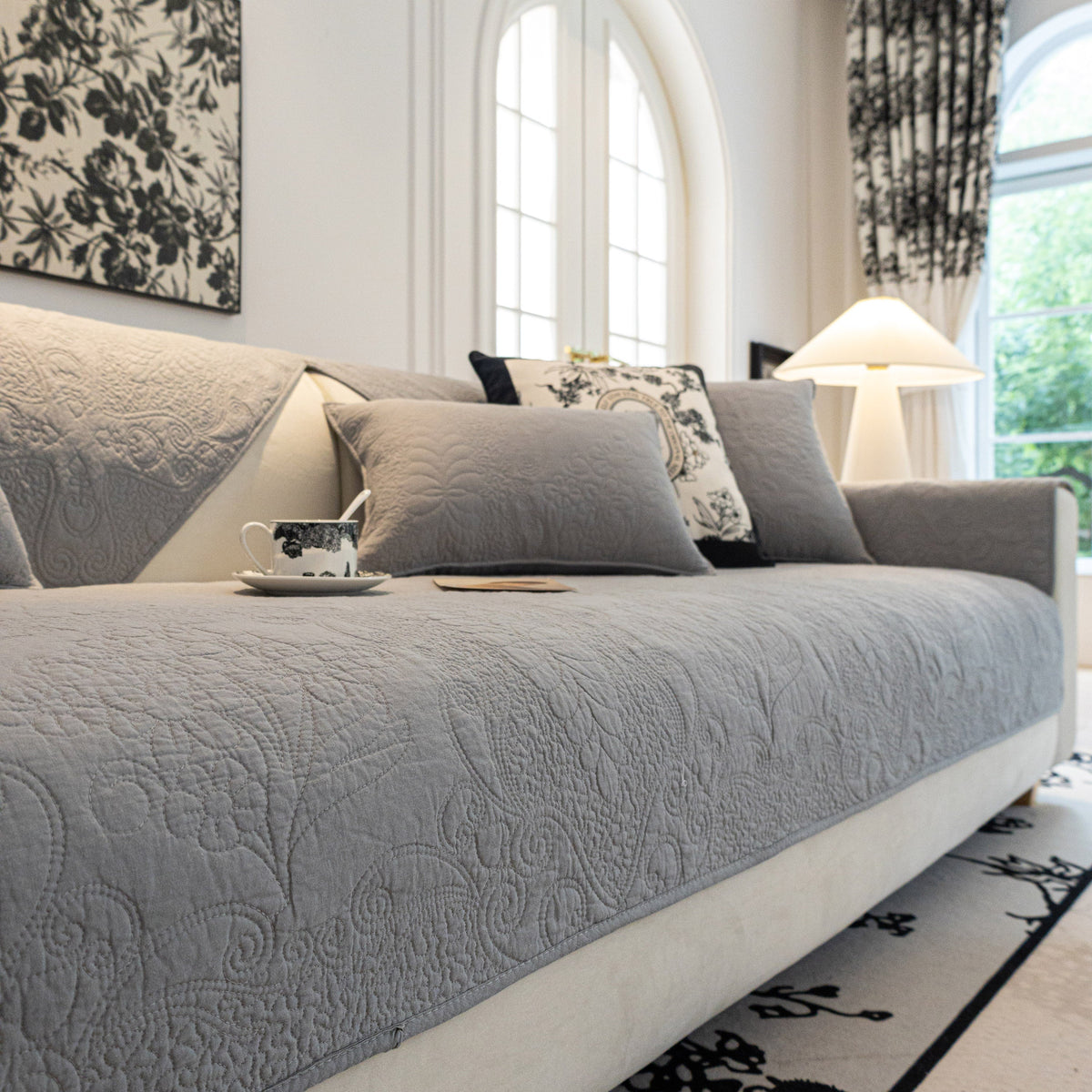 Baroque Floral Quilted Cotton Sofa Cover, Non-Slip Washable Couch Protector
