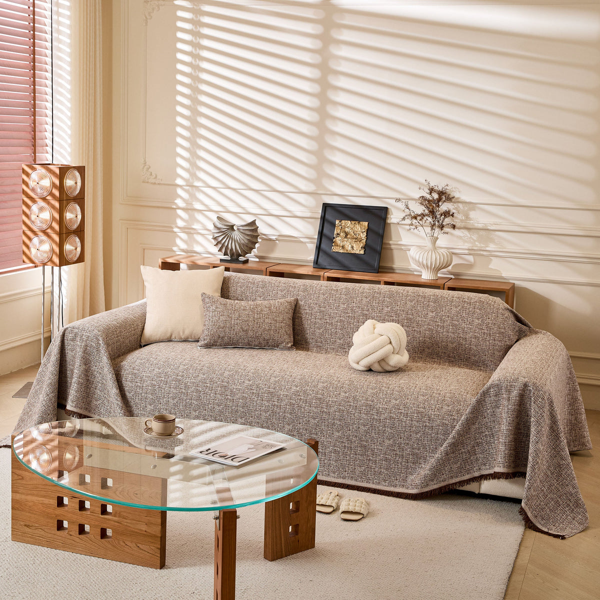 Linen-Look Textured Couch Throw Cover, Breathable Sofa Blanket & Furniture Protector