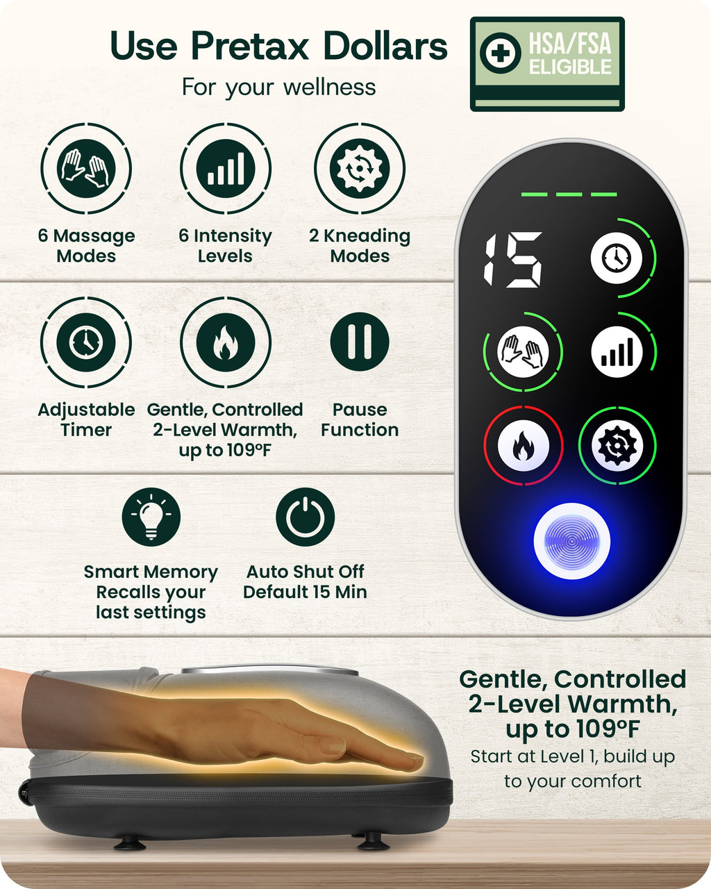 LX31 Rolling Hand Massager, Heat, Compression + Kneading, Smart Memory, Charcoal Black