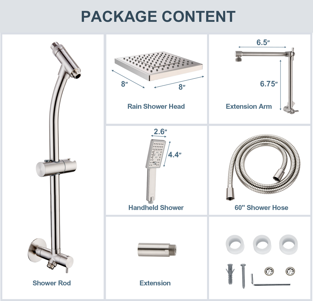 Rainfall Shower Head with Handheld Set-Solid Brass Slide Bar,Holder, Extension Arm and 60" Hose