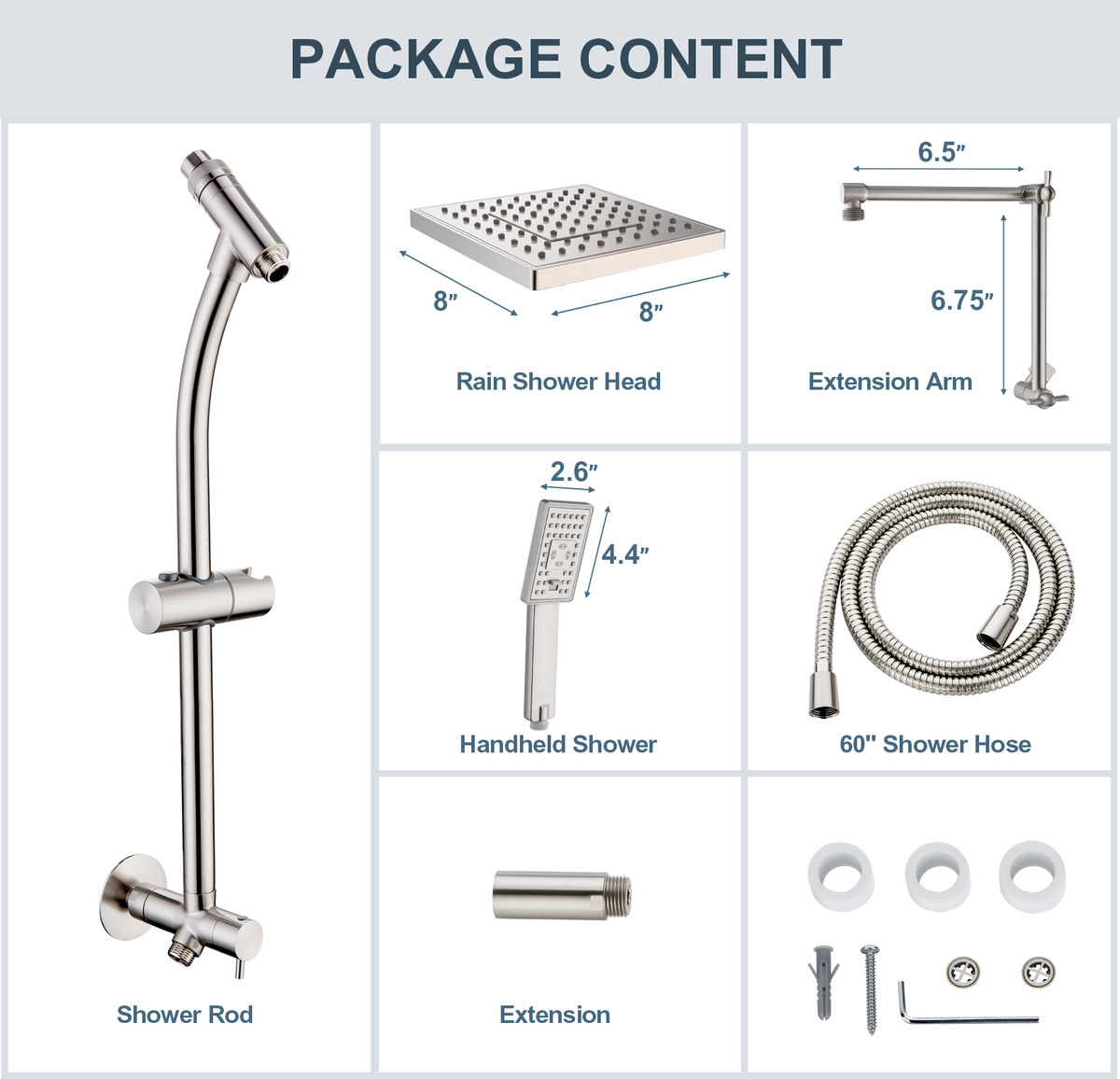 Rainfall Shower Head with Handheld Set-Solid Brass Slide Bar,Holder, Extension Arm and 60" Hose
