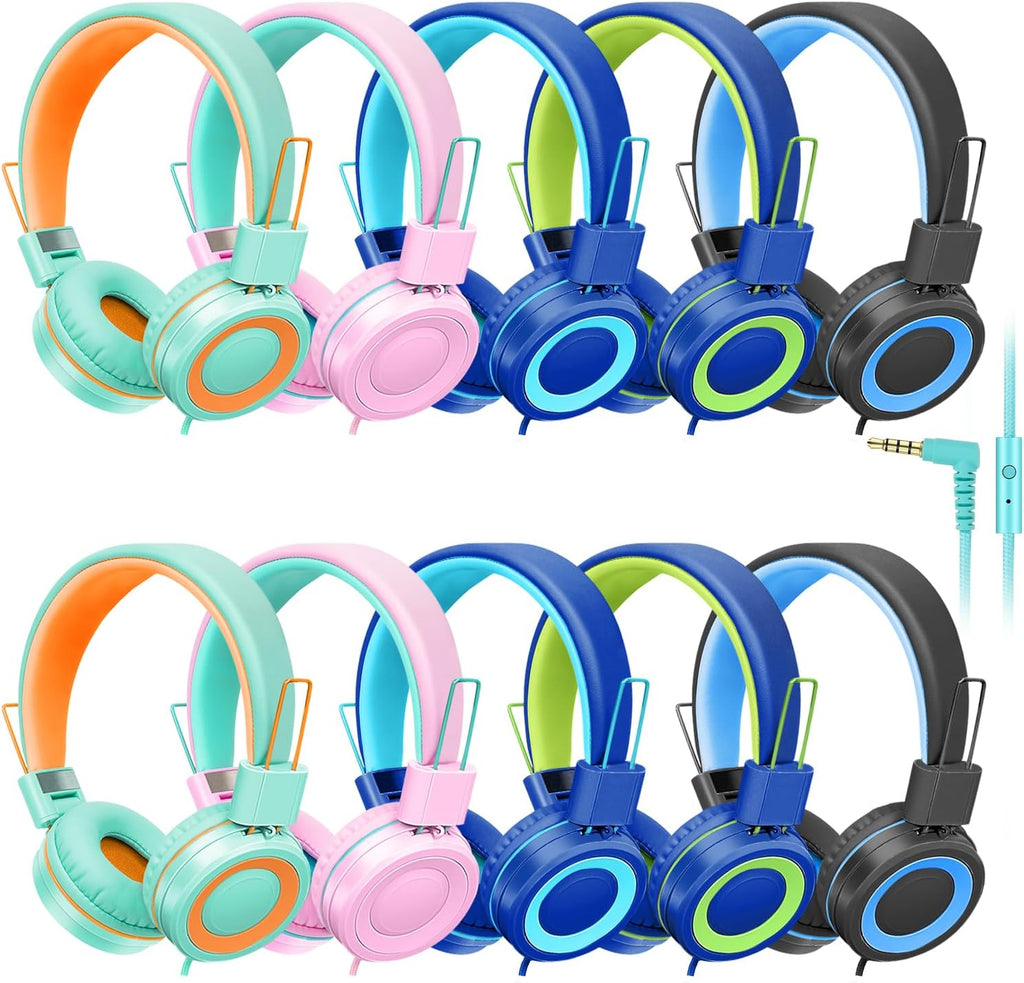 10 Pack Classroom Headphones Bulk for K-12 School Kids, Class Set Headphones for Students Teens Library Computer Testing Centers (Mixed Color with Microphone)