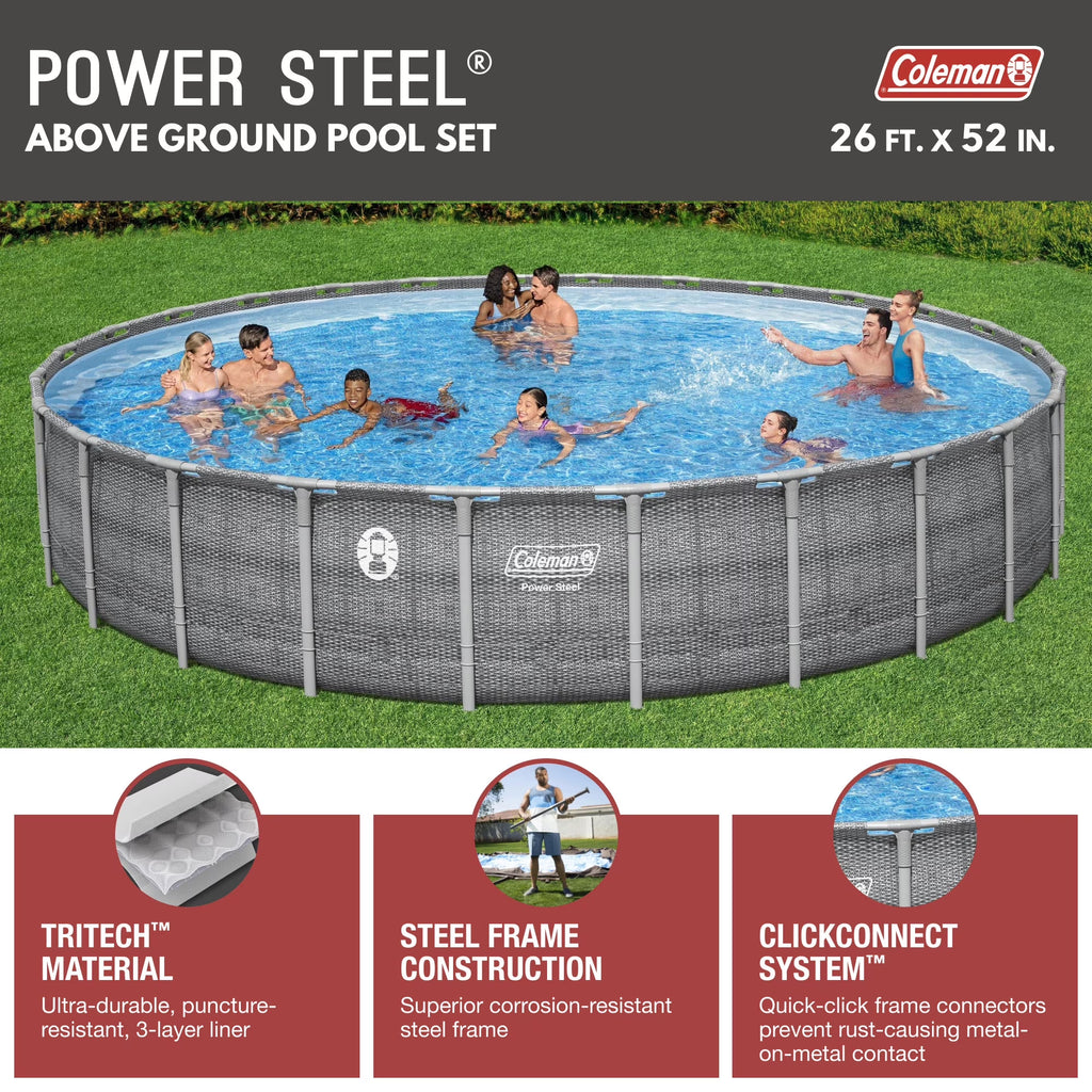 Power Steel 26' X 52" Deluxe Series Pool Set with Pump, Ladder and Cover
