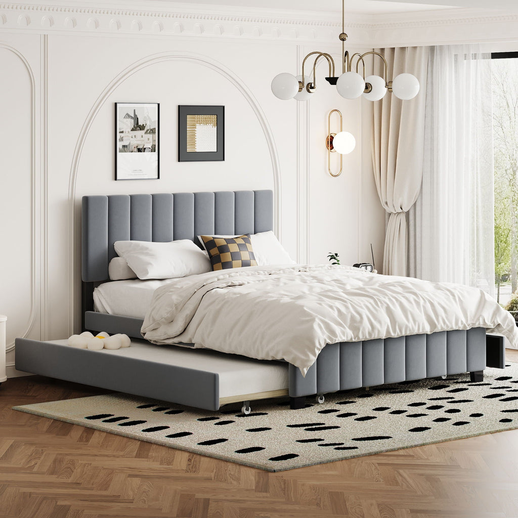 Platform UpholsteredBed With 2 Drawers And Twin Long Trundle