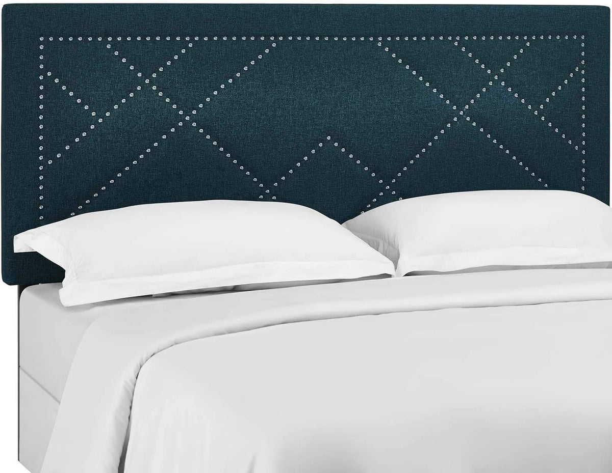 Reese Upholstered Nailhead Linen Fabric Full / Queen Headboard Size in Azure
