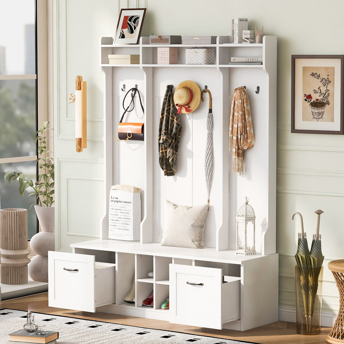 5 In 1 Entryway Bench With Coat Rack, 7 Sturdy Hooks, 2 Spacious Drawers And Adjustable Shelves