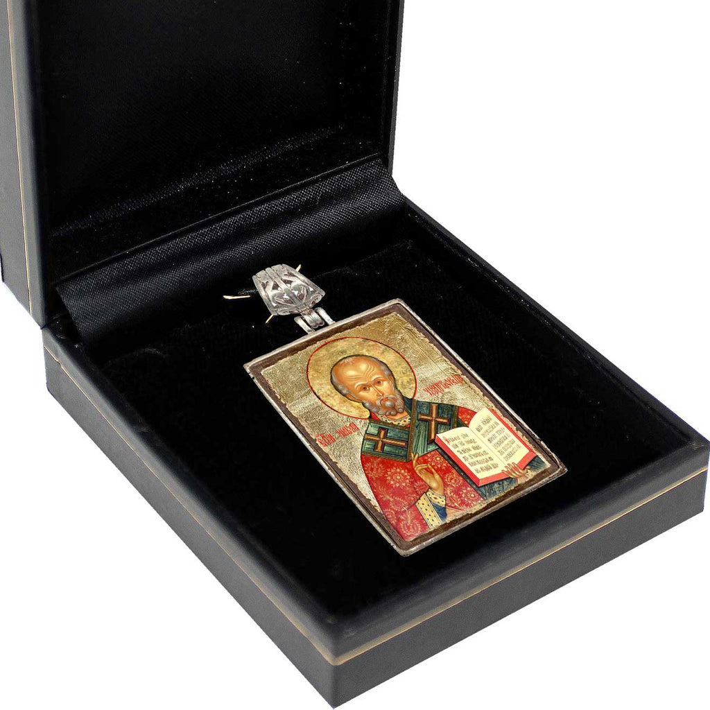 Saint Nick Religious Jewelry Silver Plated Necklace, Gold-Plated Wooden Cabochon - Christian Sacred Icon - Inspirational Icon Decor - 43021R