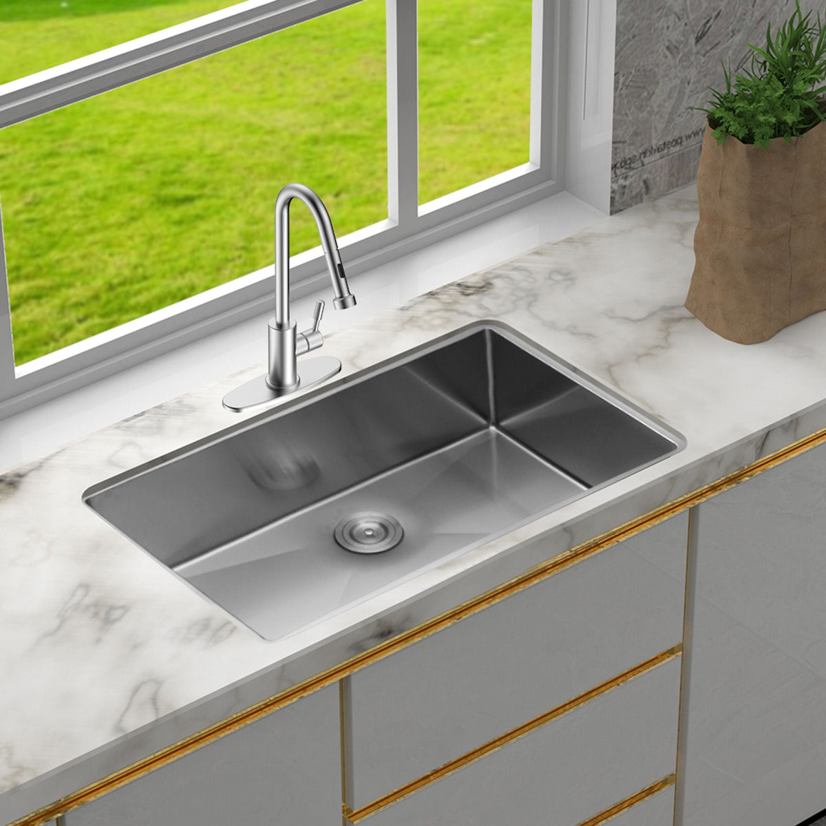 28" Undermount Kitchen Sink With, 10" Deep, Single Bowl, Rounded Corners - Brushed Nickel