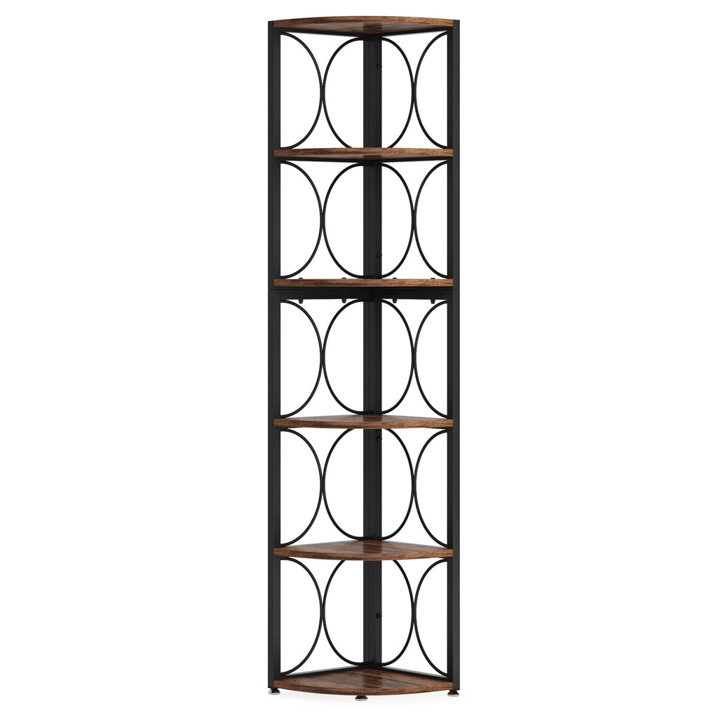 Tall 6 Tier Corner Bookshelf Storage Rack For Living Room - Rustic Brown