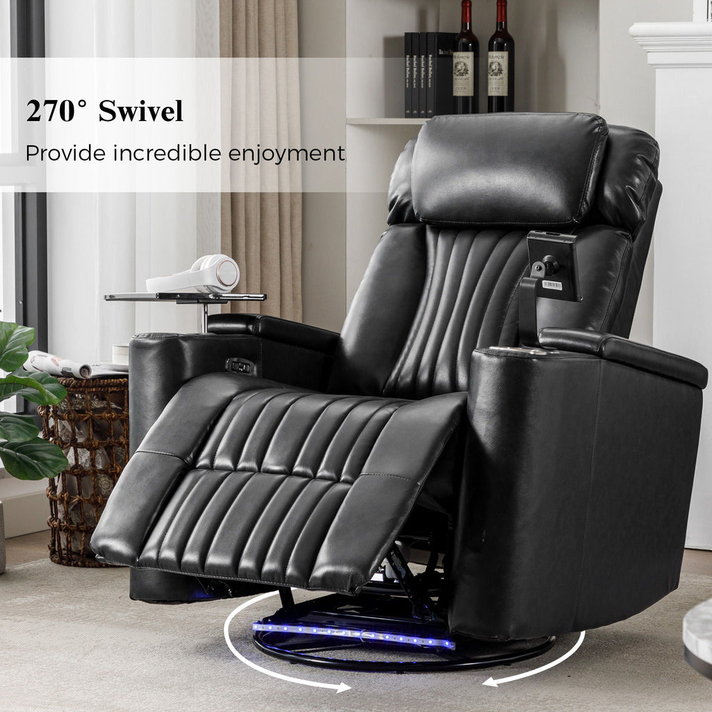 270° Power Swivel Recliner Home Theater Chair With Hidden Arm Storage, LED Light, Cup Holder, And Tray Table