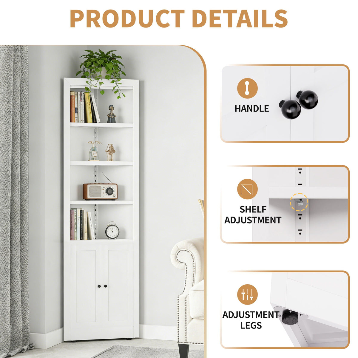 Tall Corner Storage Cabinet With 2 Doors, 5-Tier With Adjustable Shelves, Freestanding - White