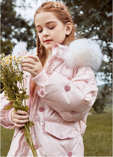 Children's Thickened Korean Large Fur Collar Medium Length Down Jacket