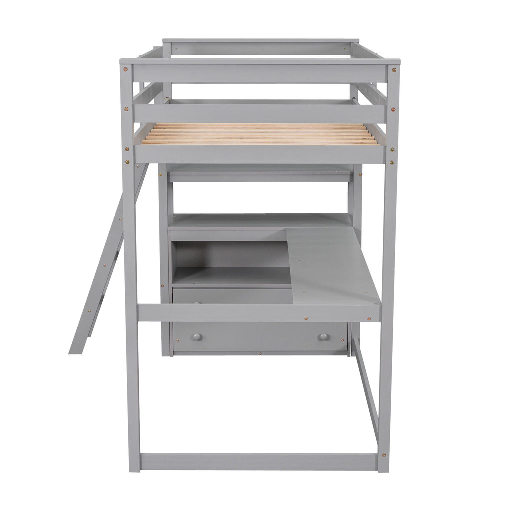 Modern Loft Bed With Built In Desk, Shelves, And 2 Drawers