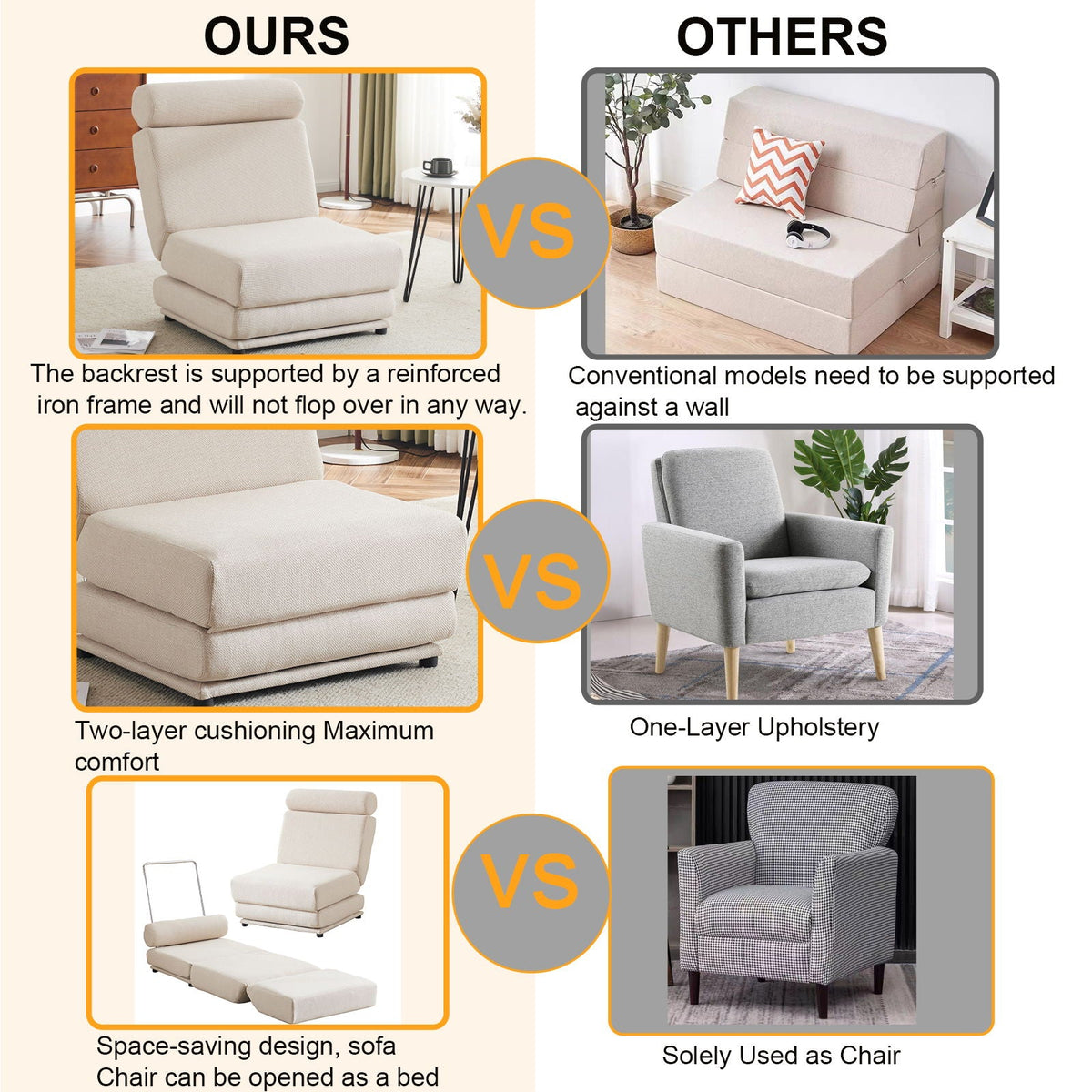 Foldable Single Chair Sofa Bed With Pillow, Easy To Store, Breathable And Wearable