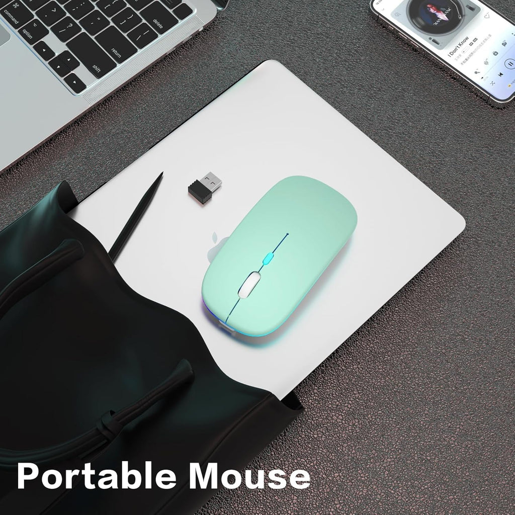 Wireless Bluetooth Mouse, Rechargeable, Dual Mode Bluetooth 5.2 & 2.4G USB, LED Lights, Slim, Silent, Portable Computer Mouse for Laptop, PC, Macbook, Ipad, Tablet (Green)