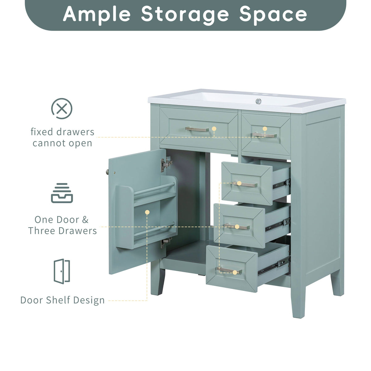 30" Bathroom Vanity Without Sink, Cabinet Base Only, Bathroom Cabinet With Drawers - Green