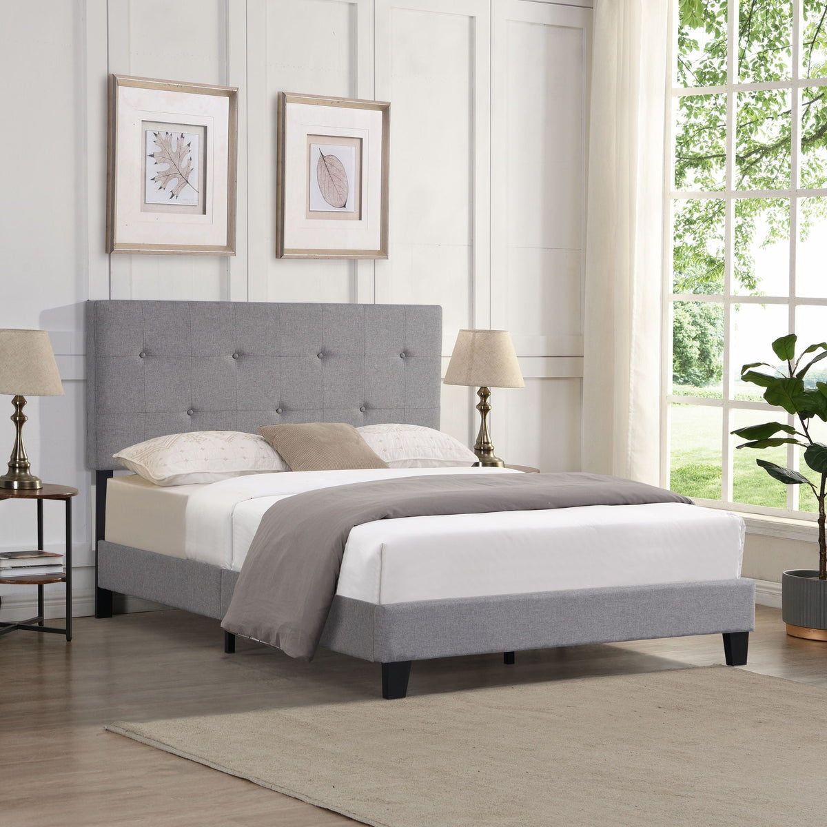 Modern Upholstered Platform Bed Frame With Button Tufted Headboard And Wood Slat Support