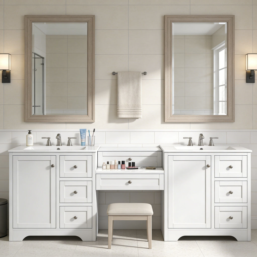 Double Sink Bathroom Vanity With Countertop, 2 Ceramic Sinks, 6 Drawers
