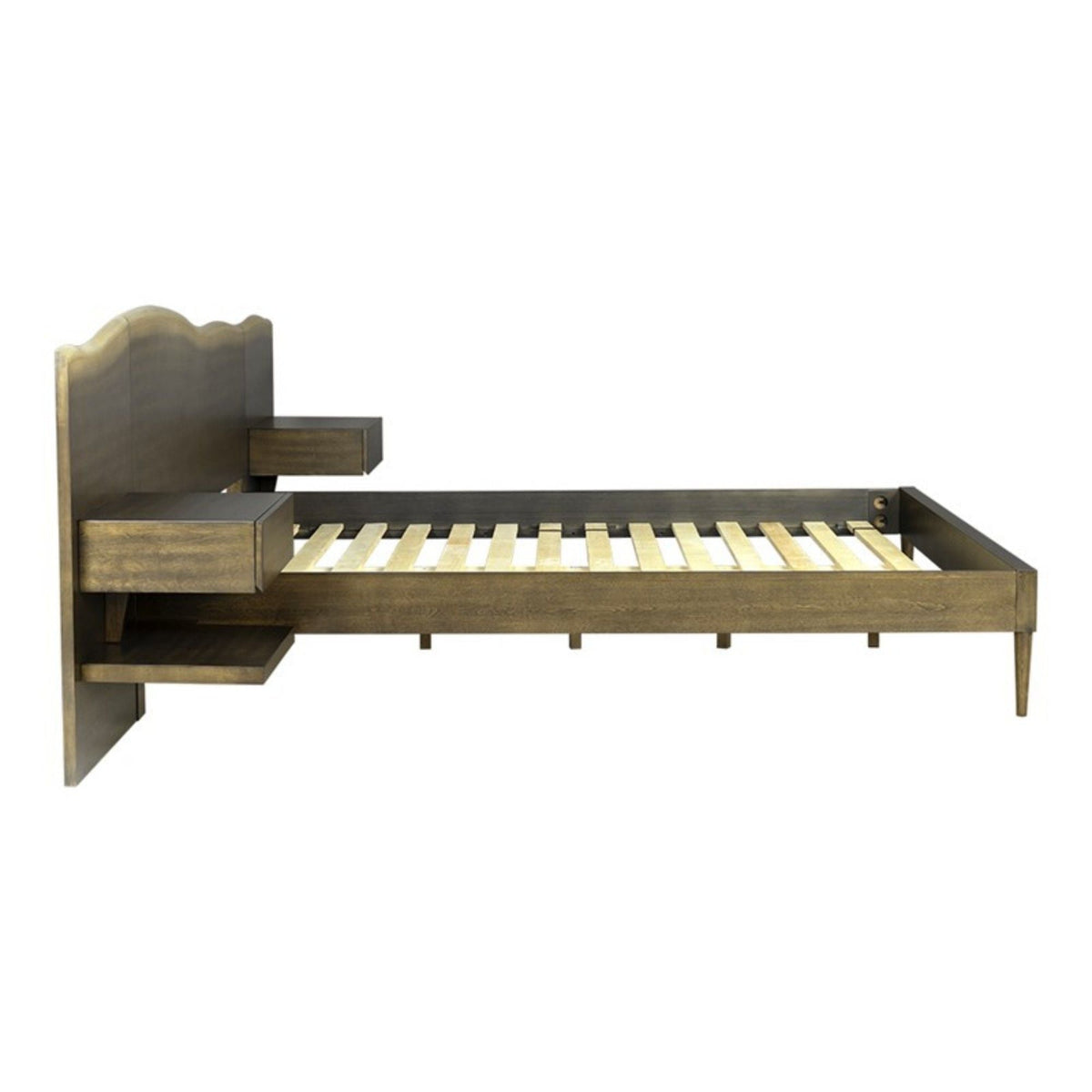 Queen Size Platform Bed Frame With Live Edge Headboard, Built In Nightstands - Dark Brown