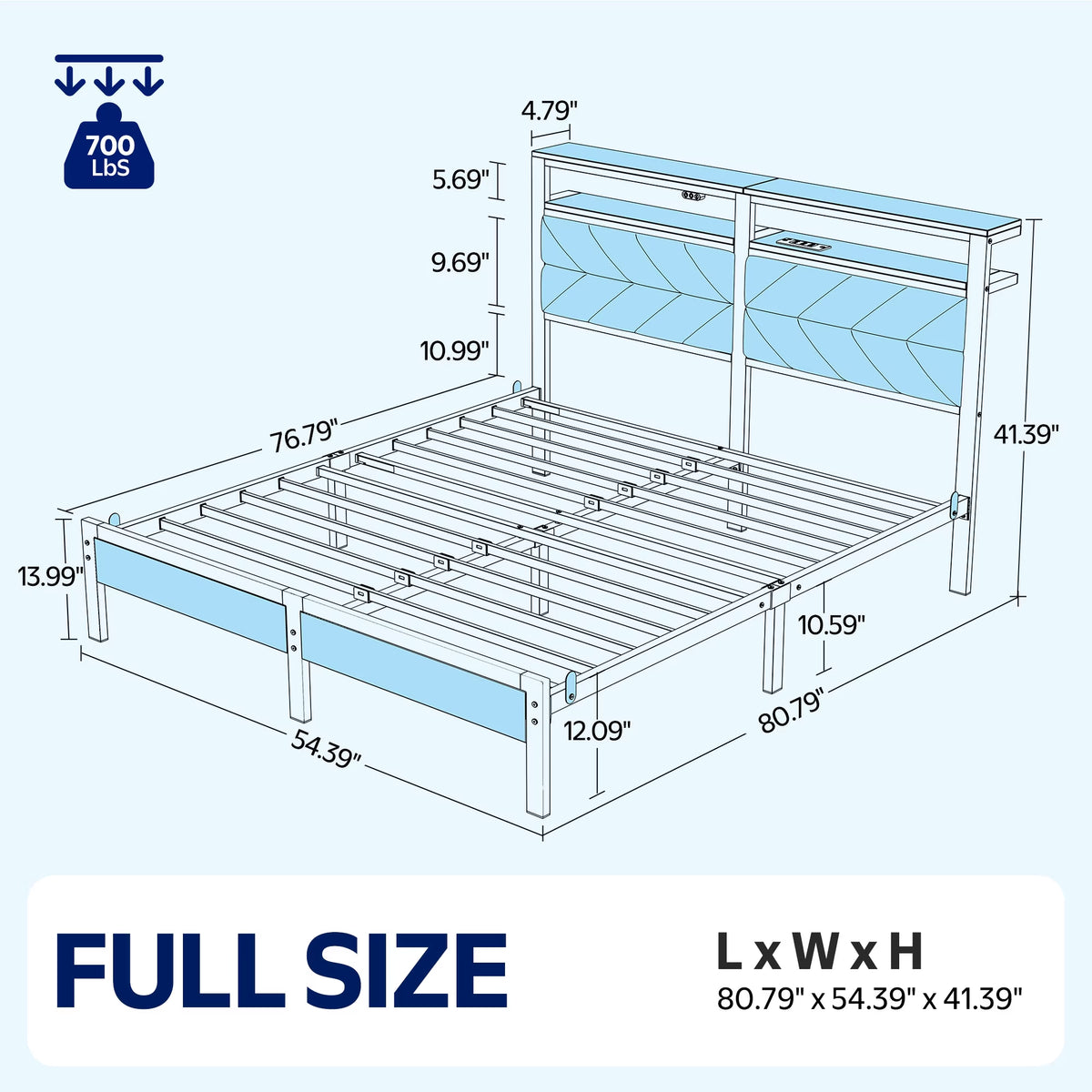Full LED Bed Frame with Headboard Storage - Charging Station, Dark Gray
