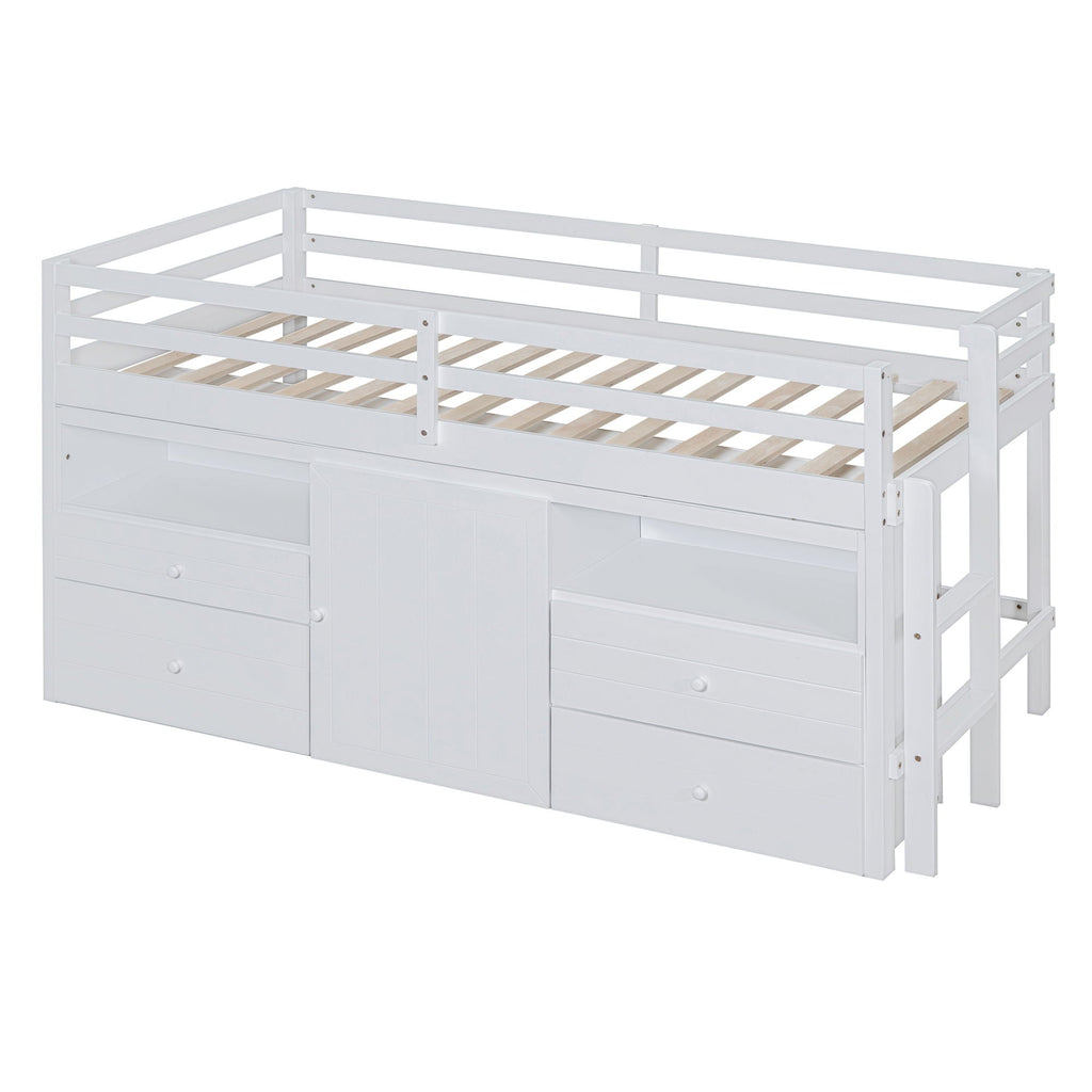 Loft Bed With 4 Drawers, Underneath Cabinet And Shelves