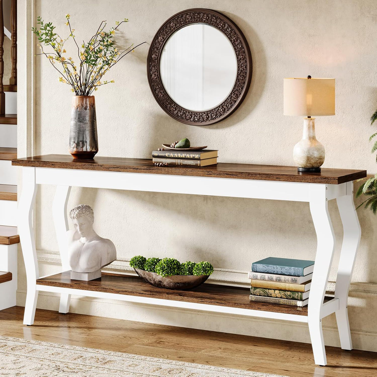 Console Table With Design, Extra Long Sofa Table For Living Entryway - Brown / White