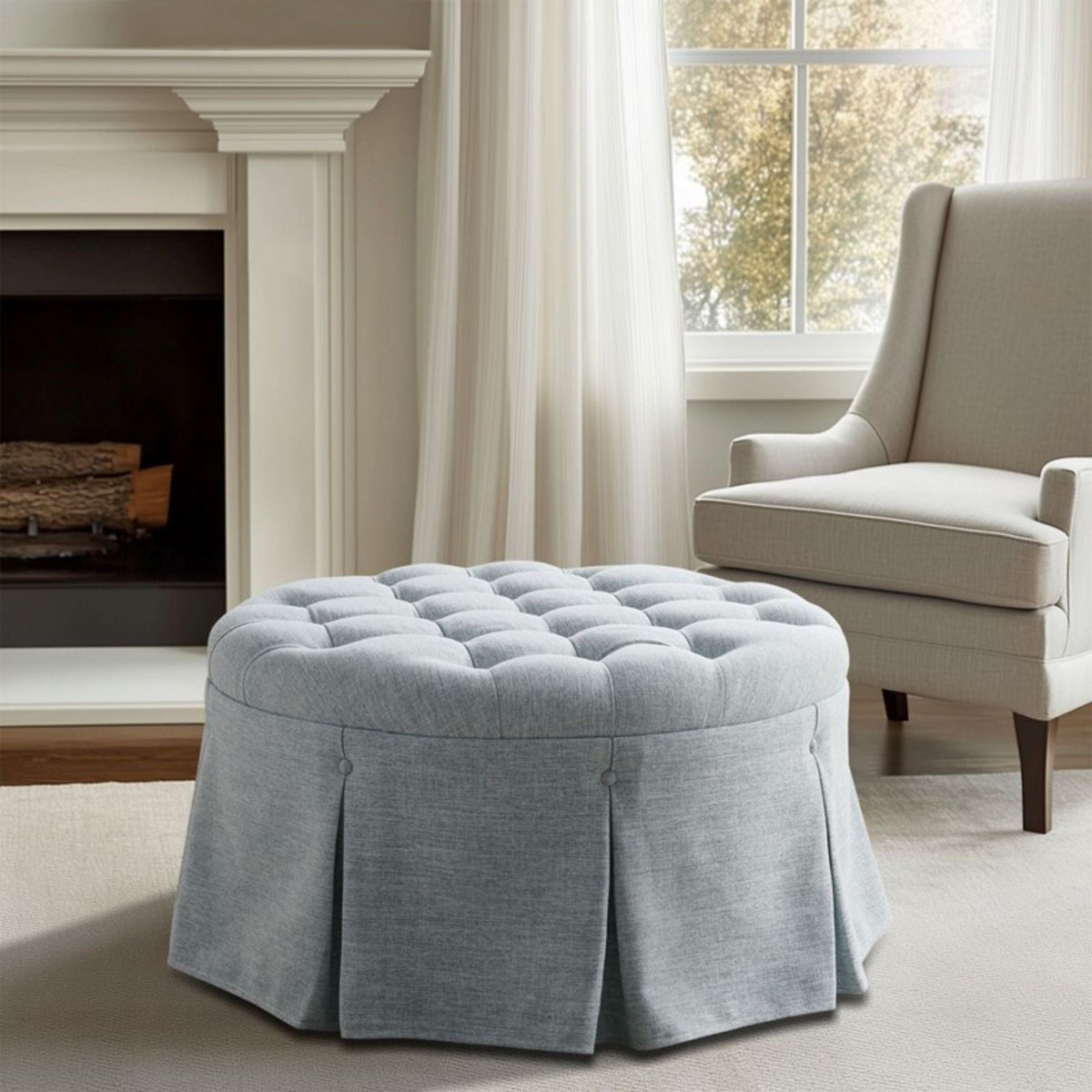 Skirted Tufted Round Ottoman With Button Top - Gray