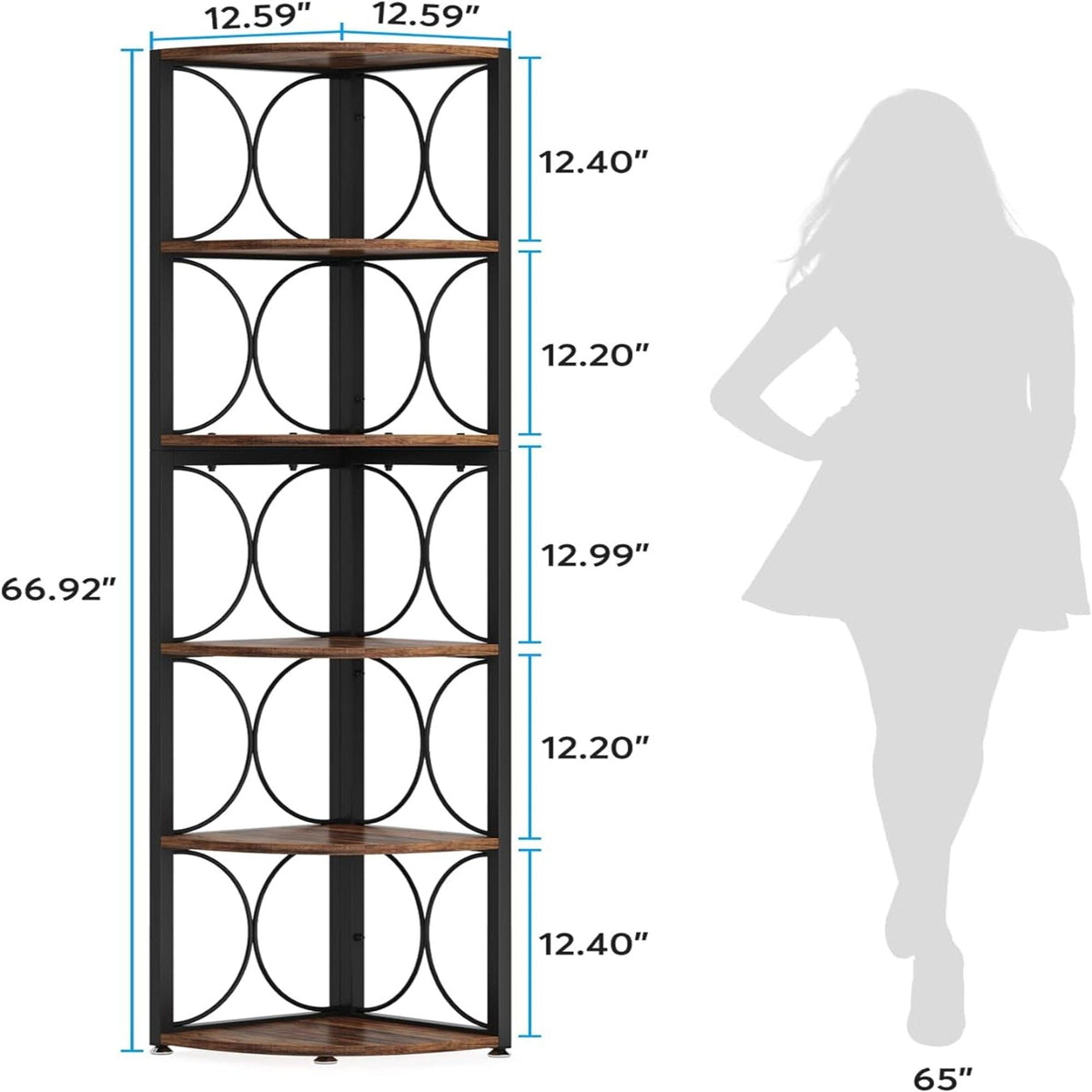 Tall 6 Tier Corner Bookshelf Storage Rack For Living Room - Rustic Brown