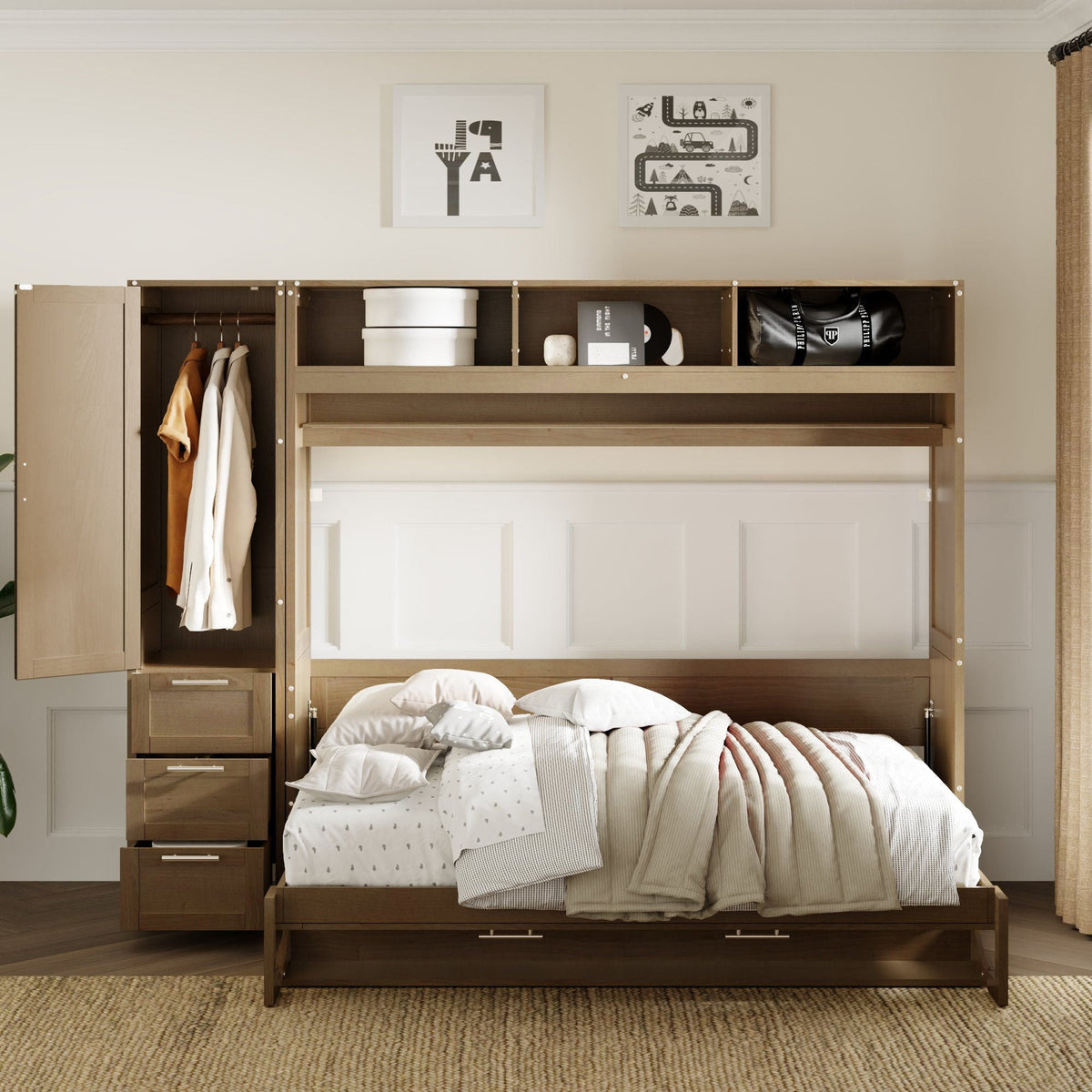 Full Size Murphy Bed With Wardrobe, Drawers, And Open Shelves - Wood