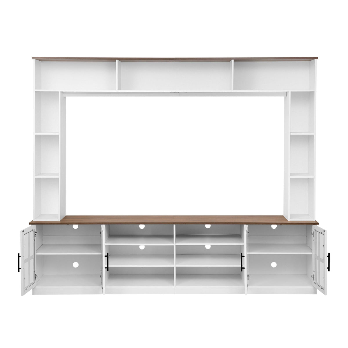 Wall Unit Entertainment Center With Bookshelves For TVs Up To 80", Tempered Glass Doors And Adjustable Shelves