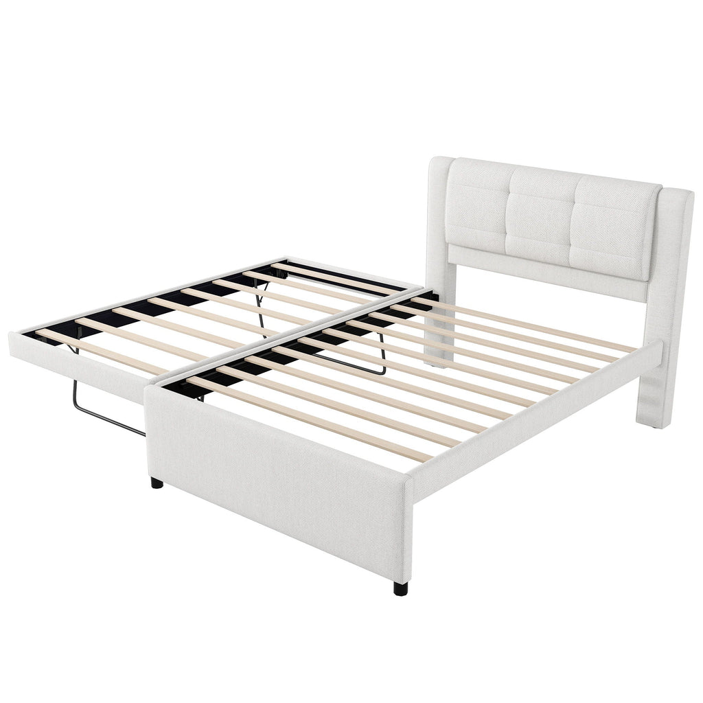 Upholstery Platform Bed With Trundle, Trundle Can Be Flat Or Erected